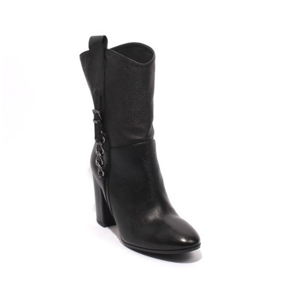 ITALIAN Black Leather Mid-Calf Pull On Heel Boots - Picture 1 of 8